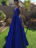 A Line V Neck Royal Blue Prom Dresses, Royal Blue V Neck Formal Graduation Evening Dresses