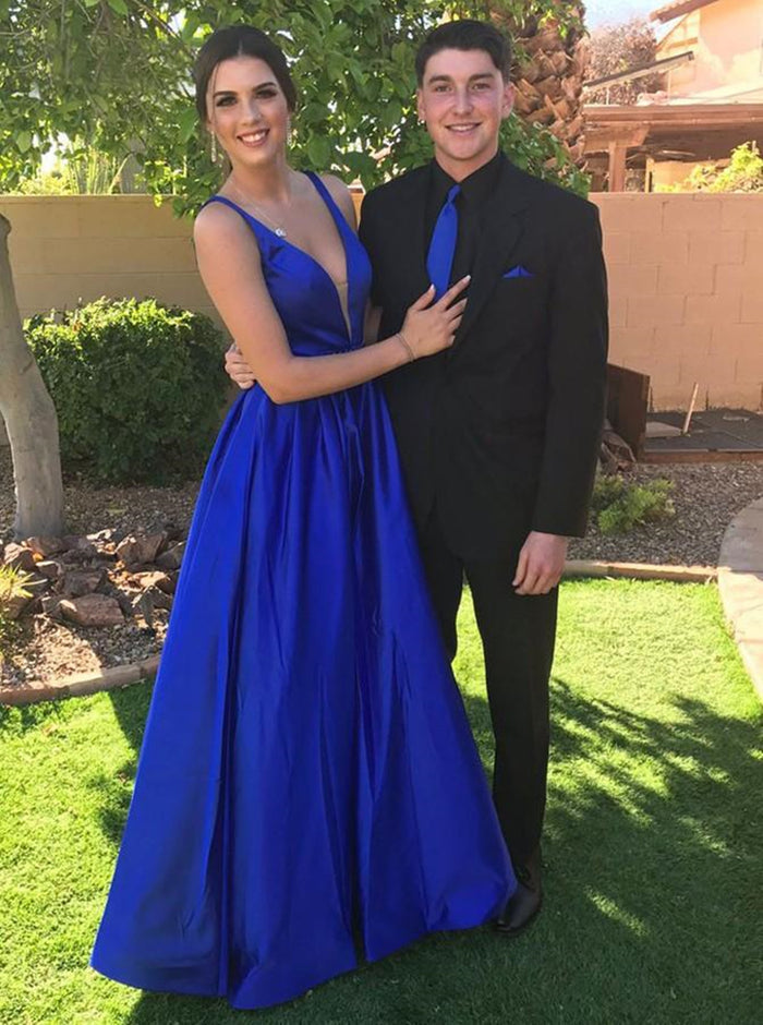 A Line V Neck Royal Blue Prom Dresses, Royal Blue V Neck Formal Graduation Evening Dresses