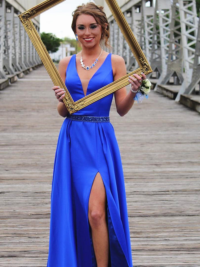 A Line V Neck Royal Blue Prom Dresses with Leg Slit, V Neck Royal Blue Formal Graduation Evening Dresses