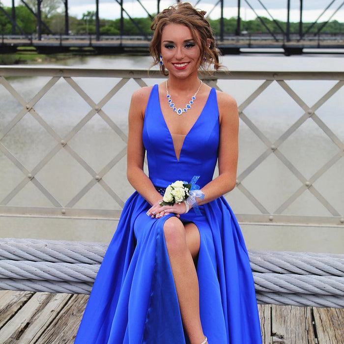 A Line V Neck Royal Blue Prom Dresses with Leg Slit, V Neck Royal Blue Formal Graduation Evening Dresses