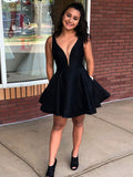 A Line V Neck Short Black Prom Dresses, V Neck Short Black Formal Homecoming Cocktail Dresses