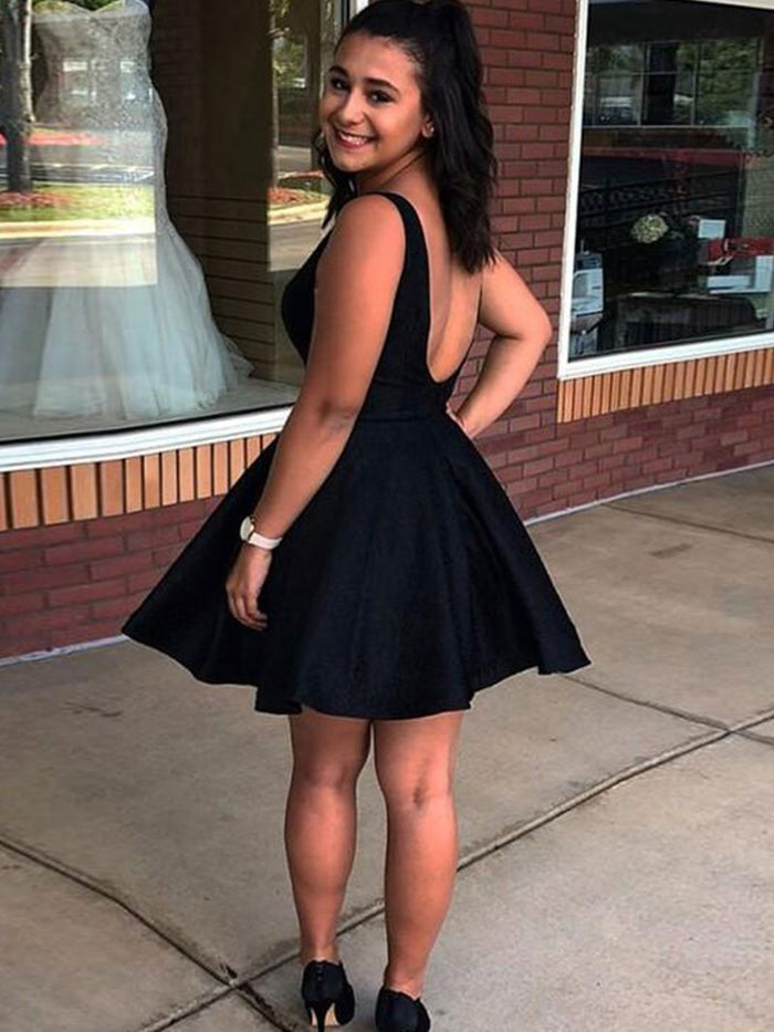 A Line V Neck Short Black Prom Dresses, V Neck Short Black Formal Homecoming Cocktail Dresses