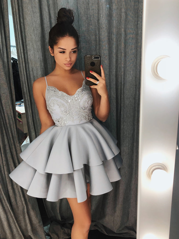 A Line V Neck Short Blue Gray Lace Prom Dresses, Short Lace Formal Homecoming Graduation Dresses