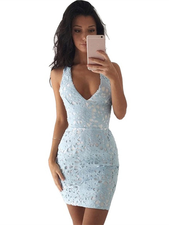 A Line V Neck Short Blue/Champagne Lace Prom Dresses, Short Lace Formal Graduation Evening Dresses
