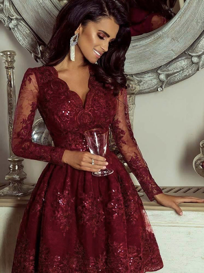A Line V Neck Short Burgundy Lace Prom Dresses, Short Burgundy Lace Homecoming Graduation Dresses
