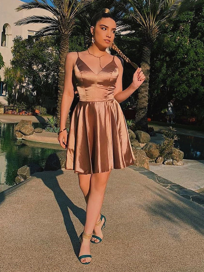 A Line V Neck Short Champagne Prom Dresses, Short Champagne Graduation Homecoming Dresses
