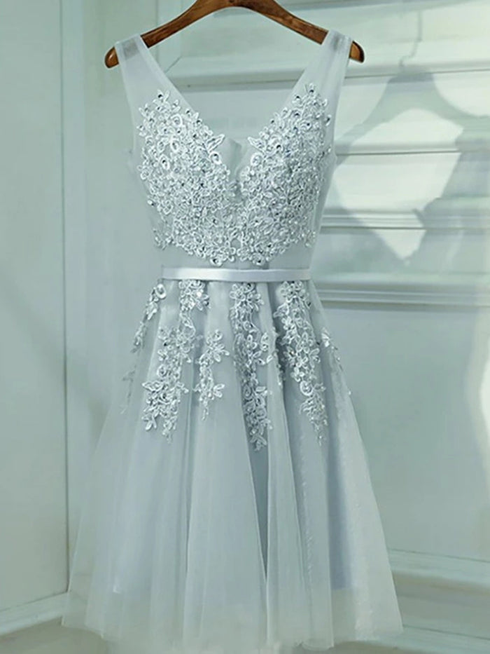 A Line V Neck Short Gray Lace Prom Dresses, Short Gray Lace Formal Homecoming Dresses
