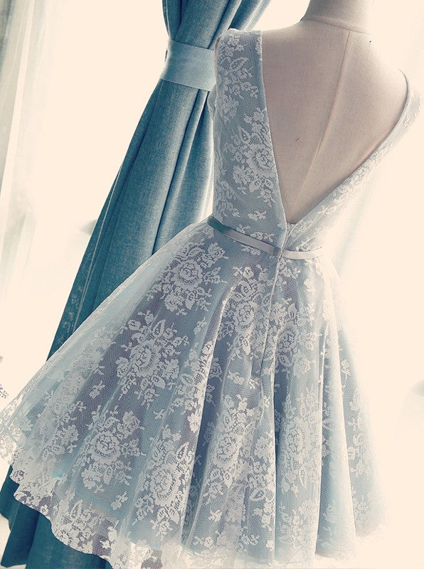 A Line V Neck Short Lace Prom Dresses, Homecoming Graduation Dresses, Short Lace Bridesmaid Dresses