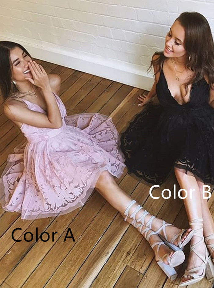 A Line V Neck Short Lace Prom Dresses, Short Lace Formal Graduation Evening Dresses