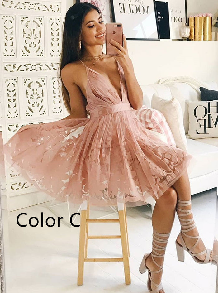 A Line V Neck Short Lace Prom Dresses, Short Lace Formal Graduation Evening Dresses