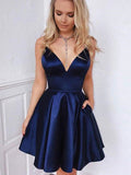 A Line V Neck Short Navy Blue Prom Dresses, Short Navy Blue Formal Graduation Evening Homecoming Dresses