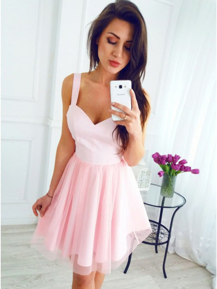 A Line V Neck Short Pink Prom Dresses, Short Pink Formal Homecoming Graduation Dresses