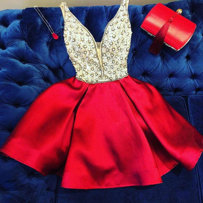 A Line V Neck Short Red Beaded Prom Dresses, Short Red V Neck Formal Homecoming Dresses
