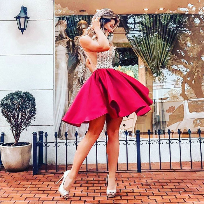A Line V Neck Short Red Beaded Prom Dresses, Short Red V Neck Formal Homecoming Dresses