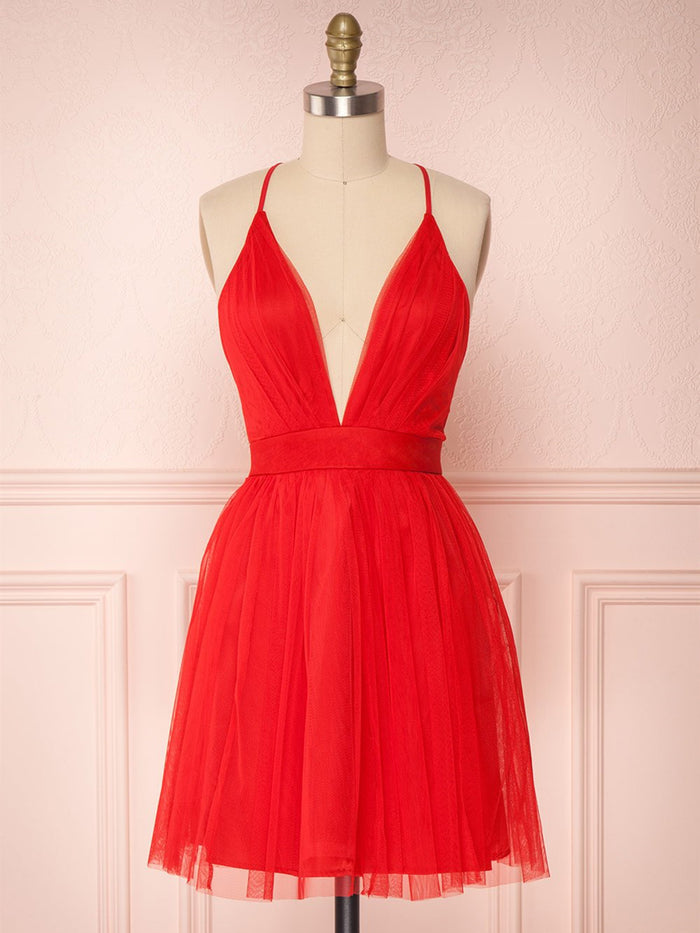 A Line V Neck Short Red Burgundy Tulle Prom Dresses, Short Red Burgundy Graduation Homecoming Dresses
