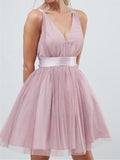 A Line V Neck Short Tulle Prom Dresses, Short Homecoming Dresses, Graduation Dresses Formal Dresses