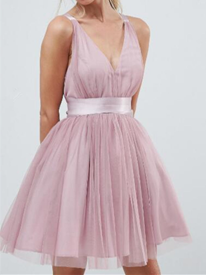 A Line V Neck Short Tulle Prom Dresses, Short Homecoming Dresses, Graduation Dresses Formal Dresses