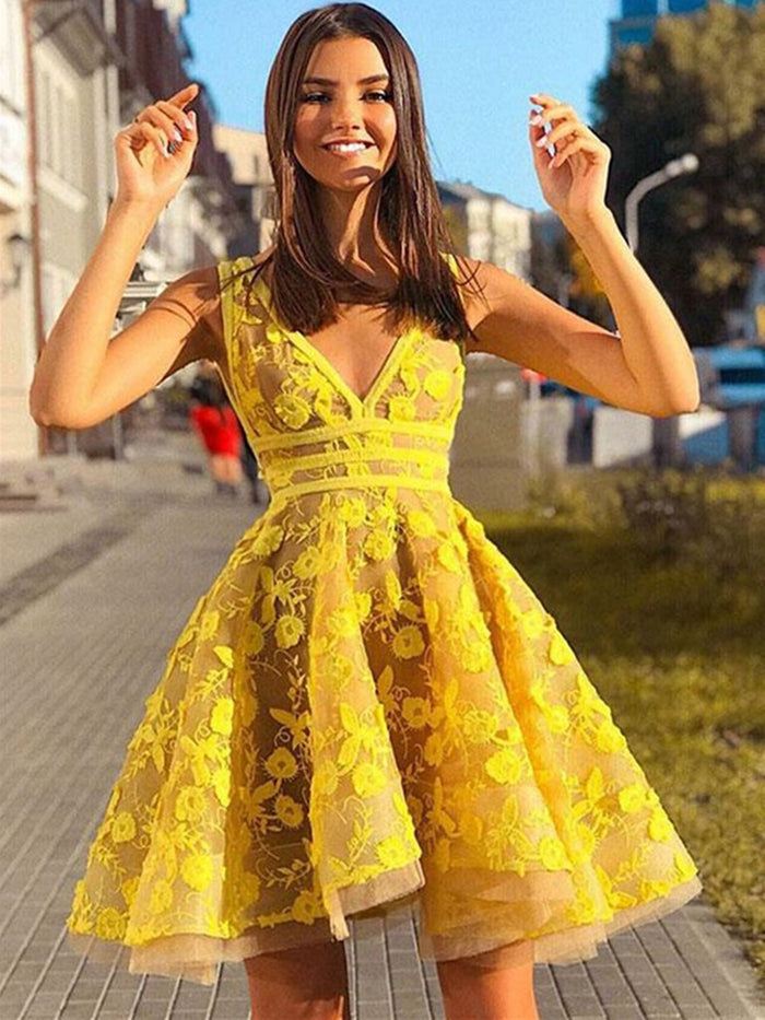 A Line V Neck Short Yellow Lace Prom Dresses, Short Yellow Lace Formal Graduation Homecoming Dresses