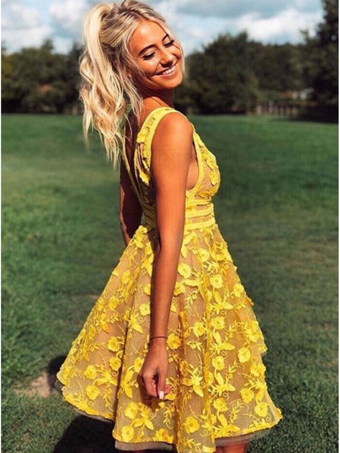 A Line V Neck Short Yellow Lace Prom Dresses, Short Yellow Lace Formal Graduation Homecoming Dresses
