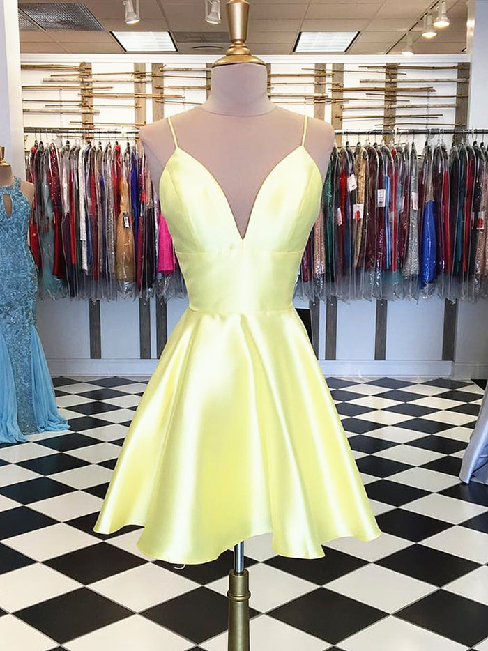 A Line V Neck Short Yellow Prom Dresses, Short Yellow Formal Graduation Evening Dresses