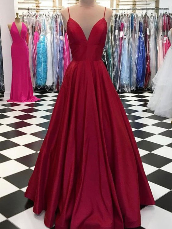 A Line V Neck Simple Burgundy Prom Dresses, Burgundy V Neck Formal Dress, Graduation Dress