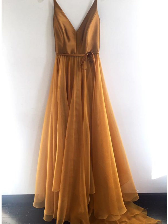 A Line V Neck Spaghetti Straps Tulle Prom Dresses, V Neck Tulle Graduation Evening Formal Dresses