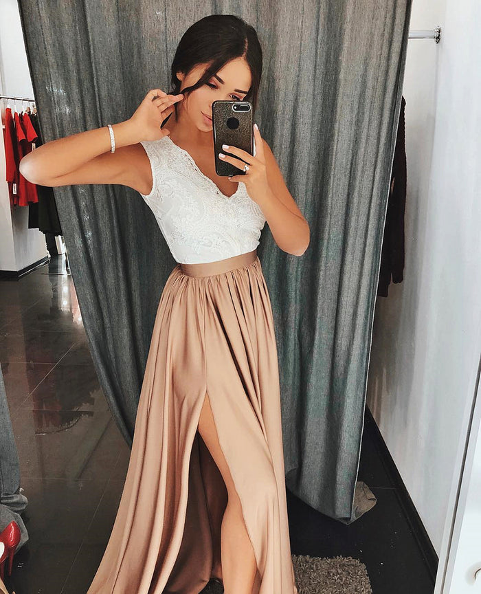A Line V Neck White Lace Champagne Prom Dresses Long, White Lace Champagne Formal Graduation Dresses