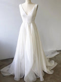 A Line V Neck White Prom Dresses with Train, V Neck Formal Wedding Dresses with Train
