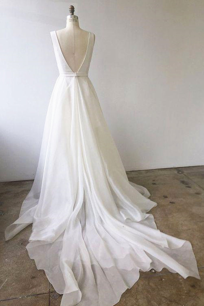 A Line V Neck White Prom Dresses with Train, V Neck Formal Wedding Dresses with Train