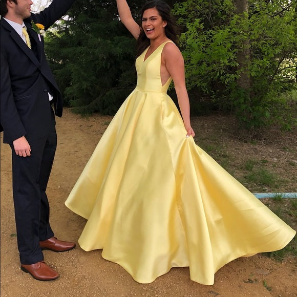 A Line V Neck Yellow Prom Dresses, Yellow V Neck Formal Graduatio Evening Dresses