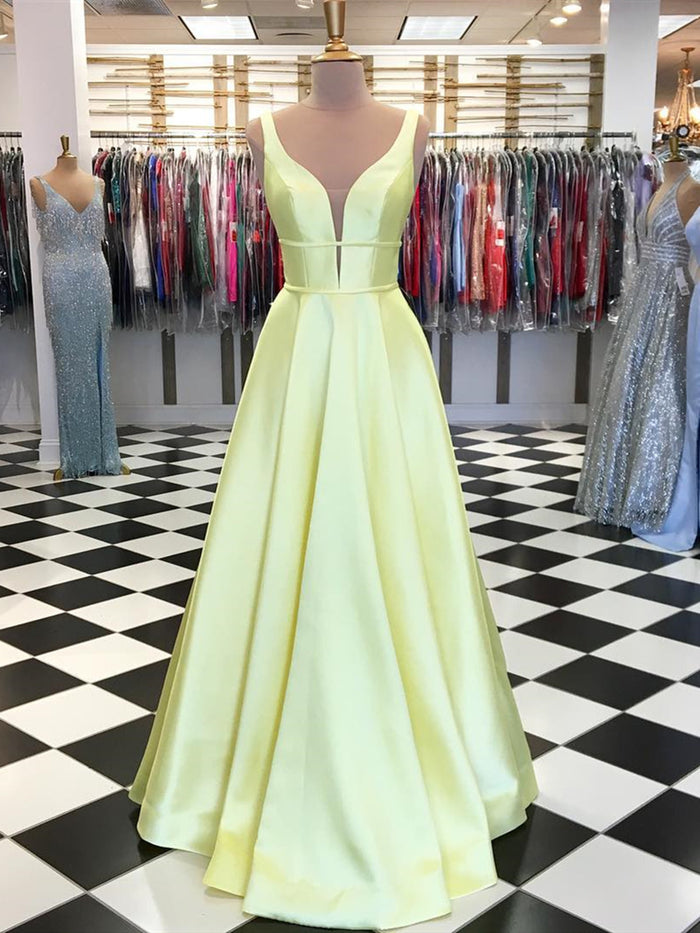 A Line V Neck Yellow Prom Dresses, Yellow V Neck Formal Graduation Evening Dresses