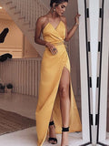 A Line Yellow Spaghetti Straps Prom Dress with Leg Slit, Yellow Formal Graduation Dresses