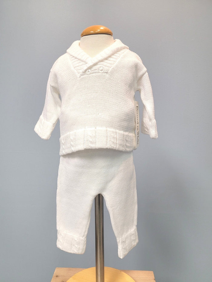 White knit baby boy outfit with collar.