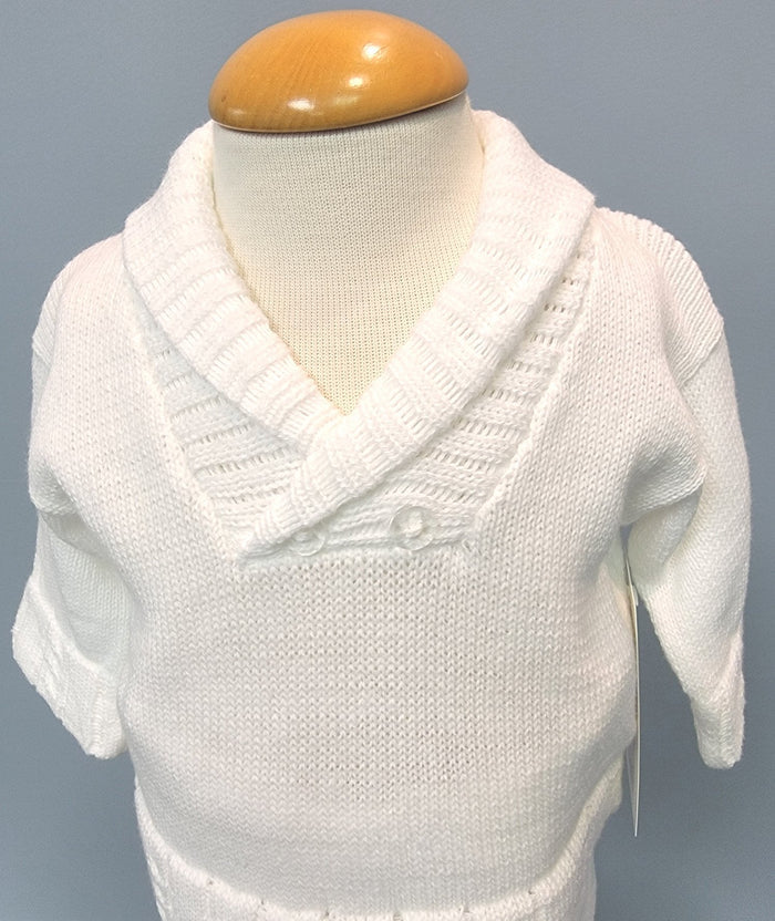 White knit baby boy outfit with collar.