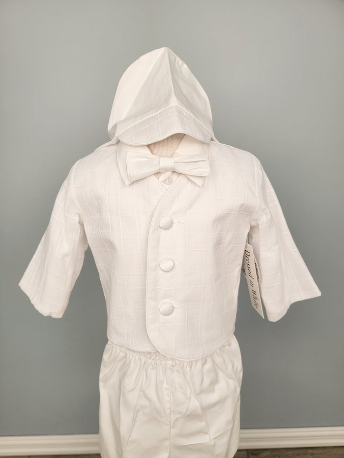 White baby boy suit set with bonnet.