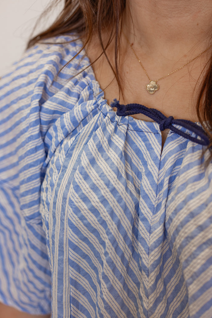 blue white crinkle gauze romper