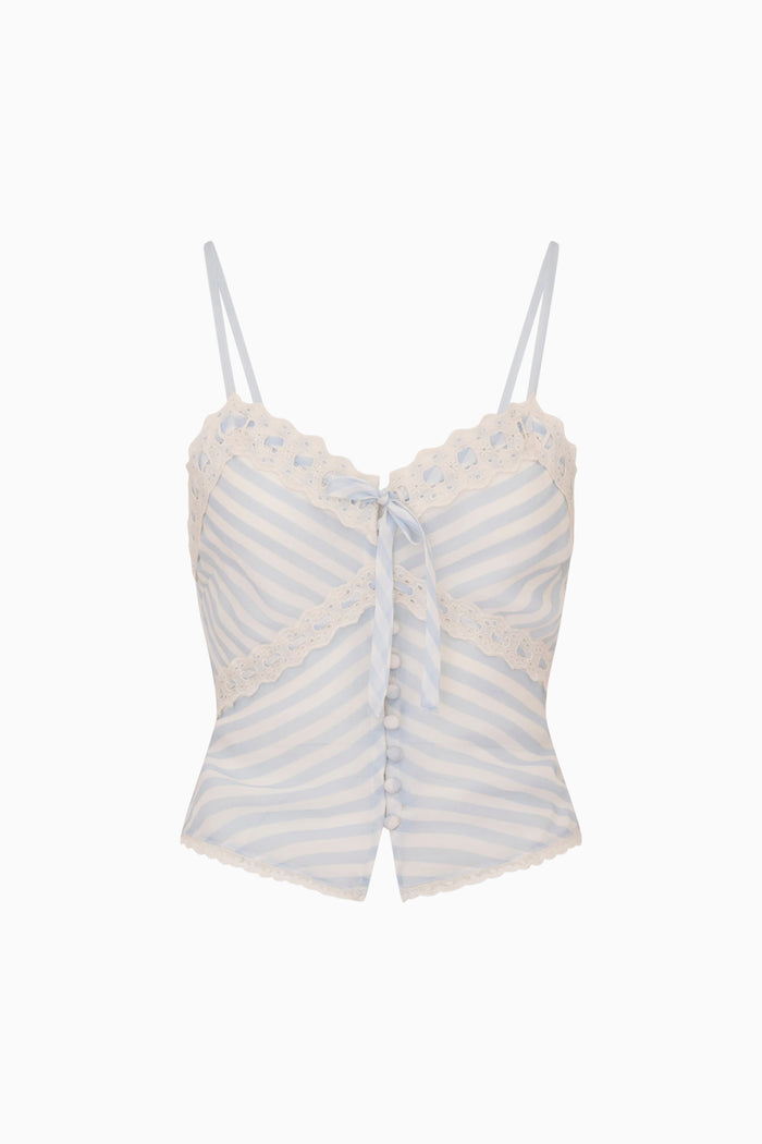 Striped camisole with lace details on a white background