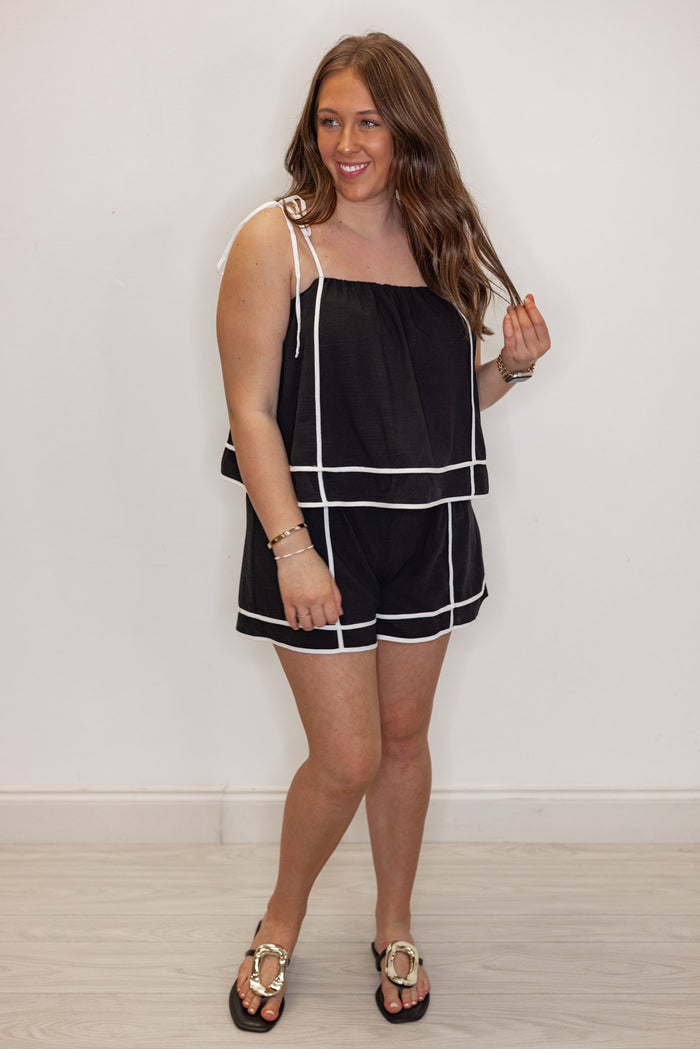 black cotton linen blend contrast romper