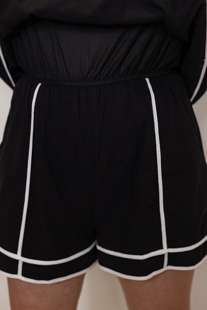 black cotton linen blend contrast romper