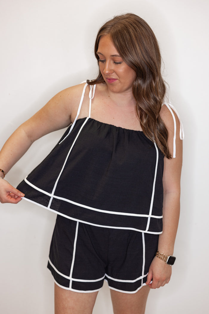 black cotton linen blend contrast romper