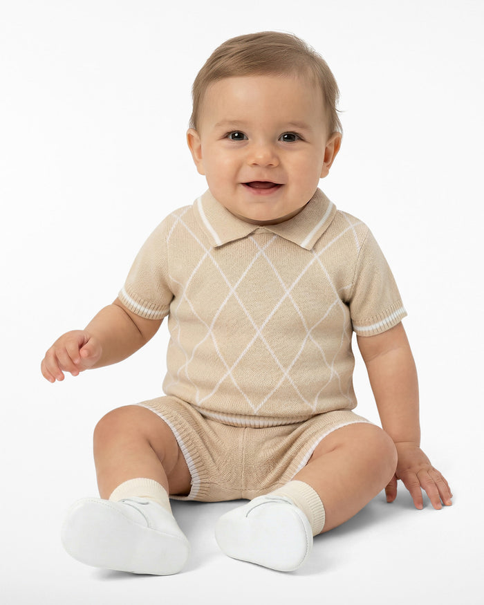 Argyle Polo Sweater Short Set in Beige