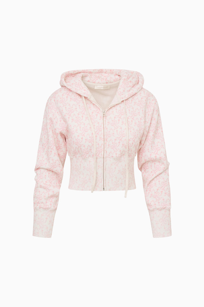Pink hoodie with a subtle pattern on a white background