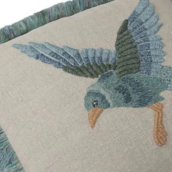 Artisanal Blue Bird Fringe Embroidered Pillow 18x18 with insert