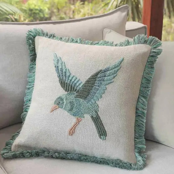 Artisanal Blue Bird Fringe Embroidered Pillow 18x18 with insert