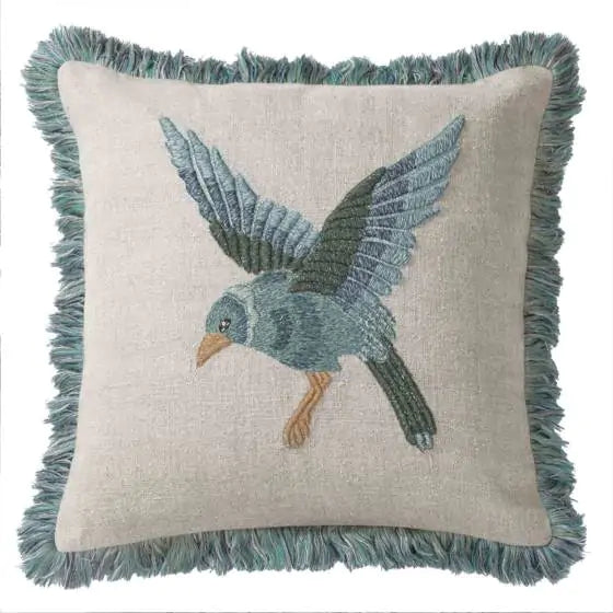 Artisanal Blue Bird Fringe Embroidered Pillow 18x18 with insert