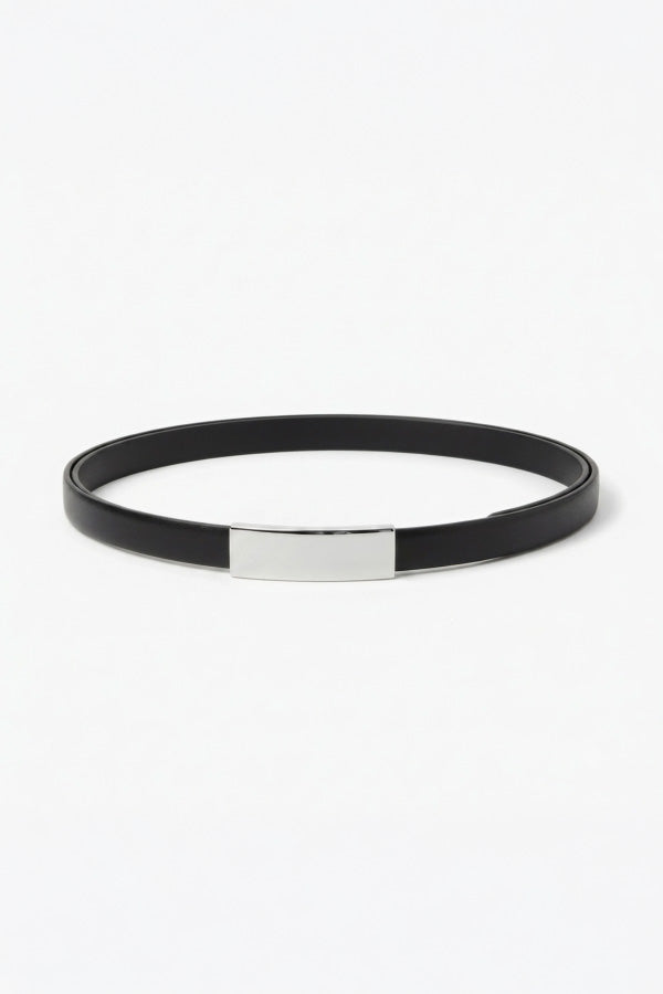 A minimalist black belt with a polished silver rectangular plate in the center, displayed on a clean white background. | Grid | Exclude