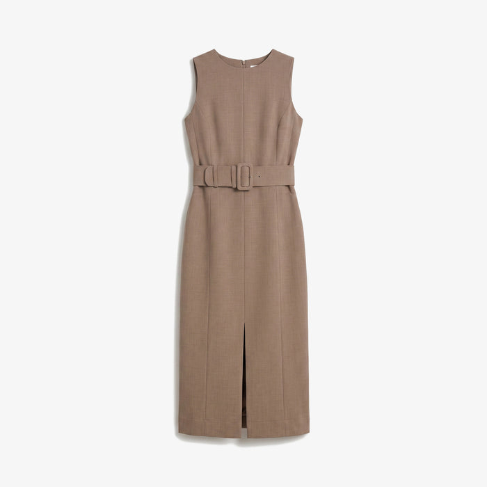A sleeveless midi dress in a warm taupe-brown color, featuring a matching fabric belt with a double buckle detail at the waist and a front slit, shown against a plain light background.