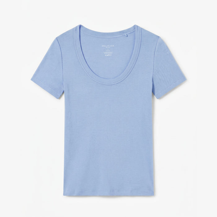 Packshot of a light blue scoop neck short sleeve t-shirt