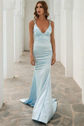 Baby Blue Mermaid V Neck Formal Dress