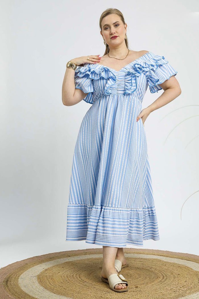 umgee striped blue ruffle midi dress